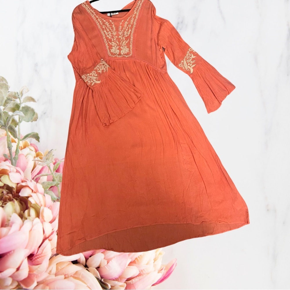 Glamorous Curve Boho Embroidered Bell-Sleeve Dress Orange White Rayon Sz 14 - Picture 7 of 14